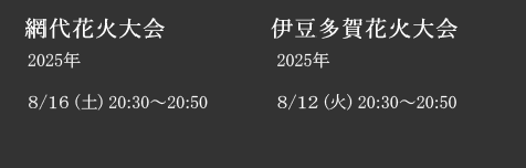 伊豆多賀花火大会2025年8/12(火)。網代花火大会2025年8/16(土)